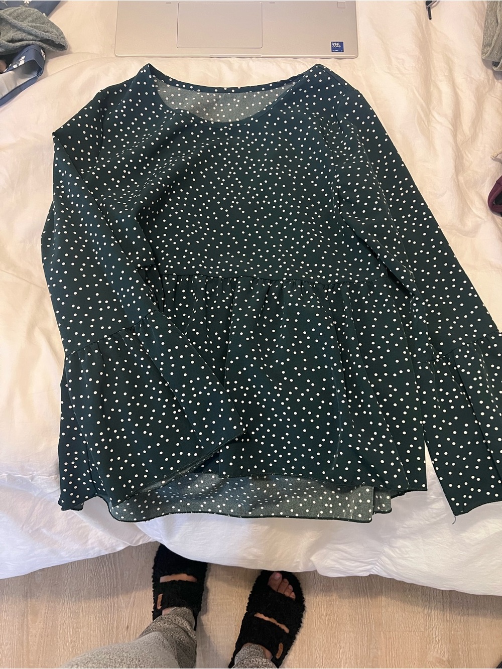 SHEIN Dark Green and White Polka Dot Peplum Blouse
